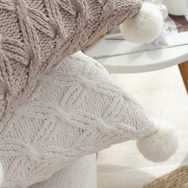 SOGA 2X 45cm Luxurious Ivory Diamond Knit Throw Pillowcase with Pom Poms - Image 4