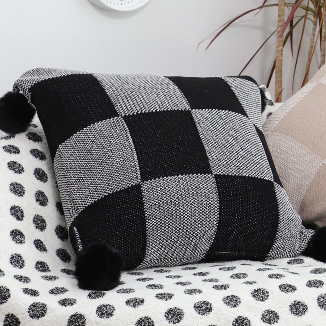 SOGA 2X 45cm Modern Comfort Black & Gray Gingham Pillowcase with Pom Poms - Image 4