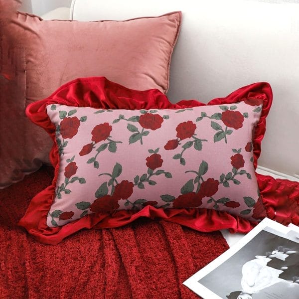 SOGA 2X 30x50cm Rose Print Pillow Cover with Red Ruffle Border - Image 4