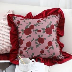 SOGA 2X 45cm Rose Garden Pillow Cover with Burgundy Ruffle