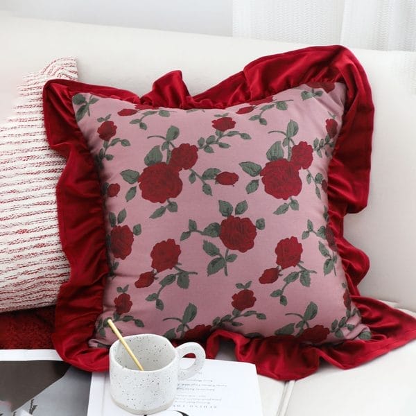 SOGA 2X 45cm Rose Garden Pillow Cover with Burgundy Ruffle
