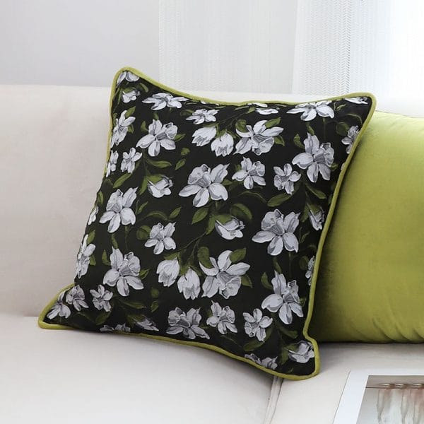 SOGA 2X 45cm Black Floral Pillow Cover with Green Trim - Image 4