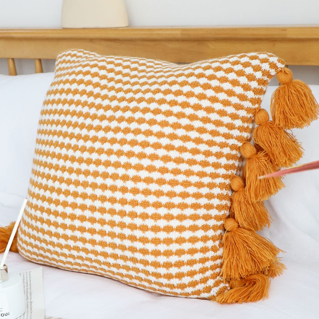 SOGA 2X 45cm Orange Houndstooth Pillow Cover with Tassels - Image 4