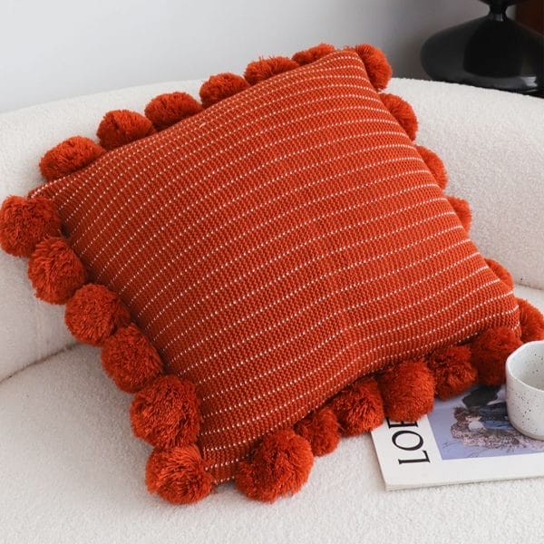 SOGA 2X 45cm Rust Red Ribbed Pillow Cover with Pom Poms - Image 4