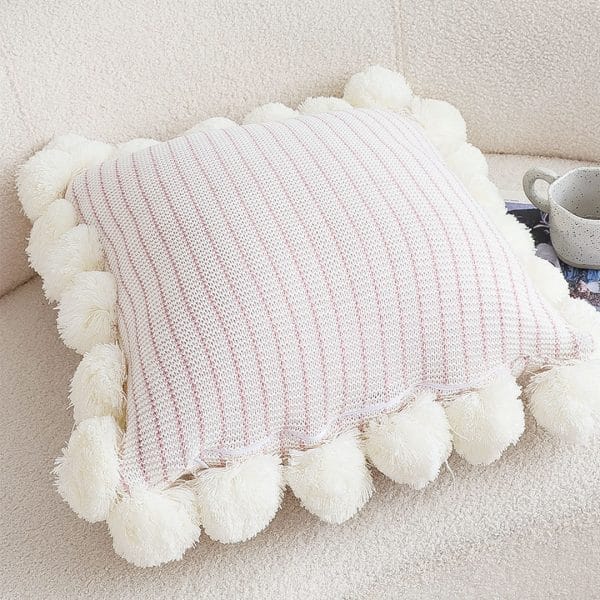 SOGA 2X 45cm Cream Waffle Weave Pillow Cover with Pom Poms - Image 4