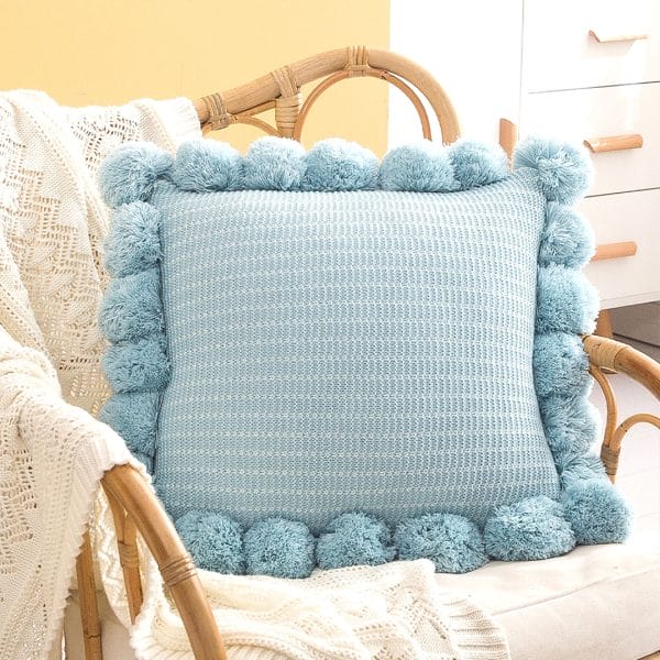 SOGA 2X 45cm Light Blue Ribbed Pillow Cover with Pom Poms - Image 4