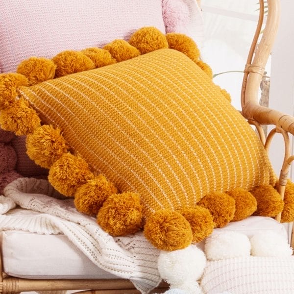 SOGA 2X 45cm Mustard Yellow Ribbed Pillow Cover with Pom Poms - Image 4