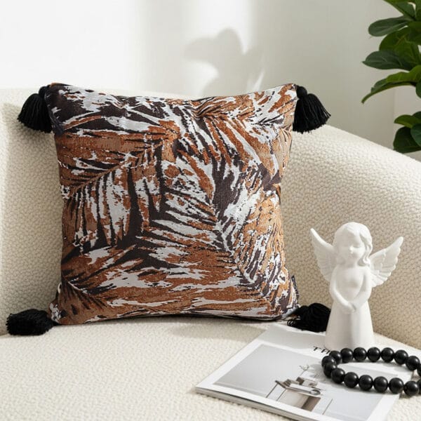 2X Velvet Leaf Print Cushion with Tassels - Image 6