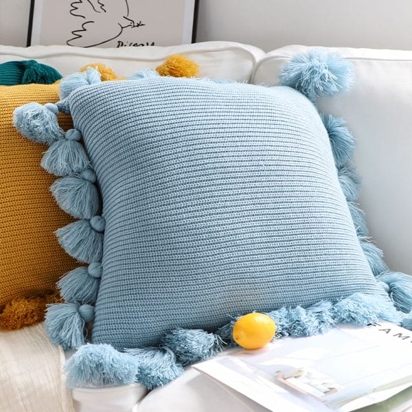 SOGA 2X 45cm Textured Pillowcase with Pom-Pom Trim (Sky Blue) - Image 4