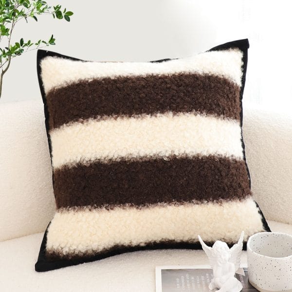 SOGA 2X 45cm Cozy Brown & Cream Striped Bouclé Square Pillowcase - Image 4