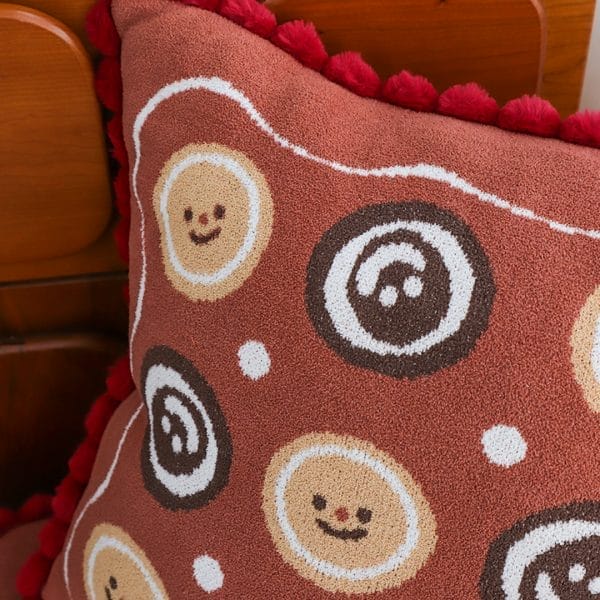 SOGA 2X 45cm Gingerbread Cookie Smiley Face Square Pillowcase with Red Pom-Pom Trim - Image 4