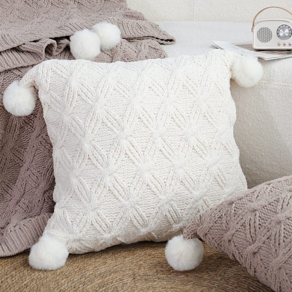 SOGA 2X 45cm Luxurious Ivory Diamond Knit Throw Pillowcase with Pom Poms - Image 5