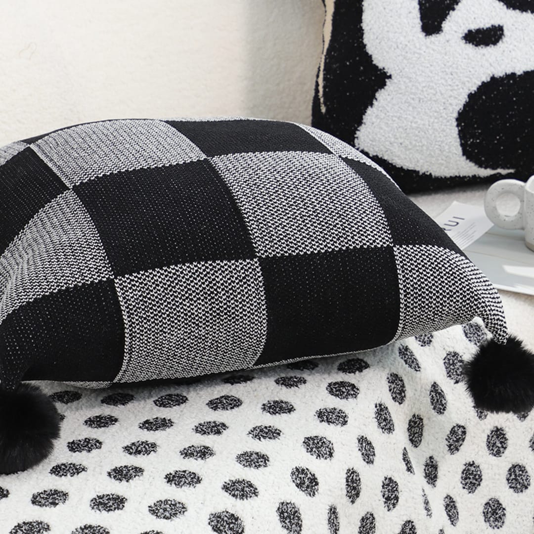 SOGA 2X 45cm Modern Comfort Black & Gray Gingham Pillowcase with Pom Poms - Image 5
