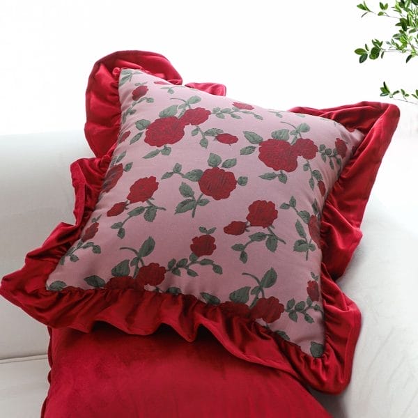 SOGA 2X 45cm Rose Garden Pillow Cover with Burgundy Ruffle - Image 5