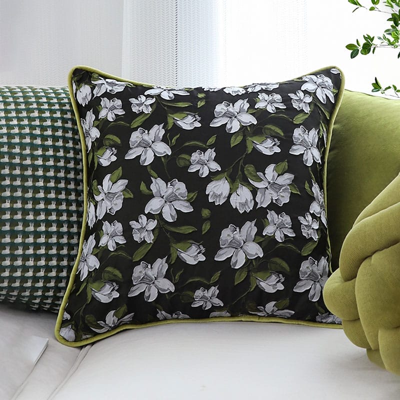 SOGA 2X 45cm Black Floral Pillow Cover with Green Trim - Image 5