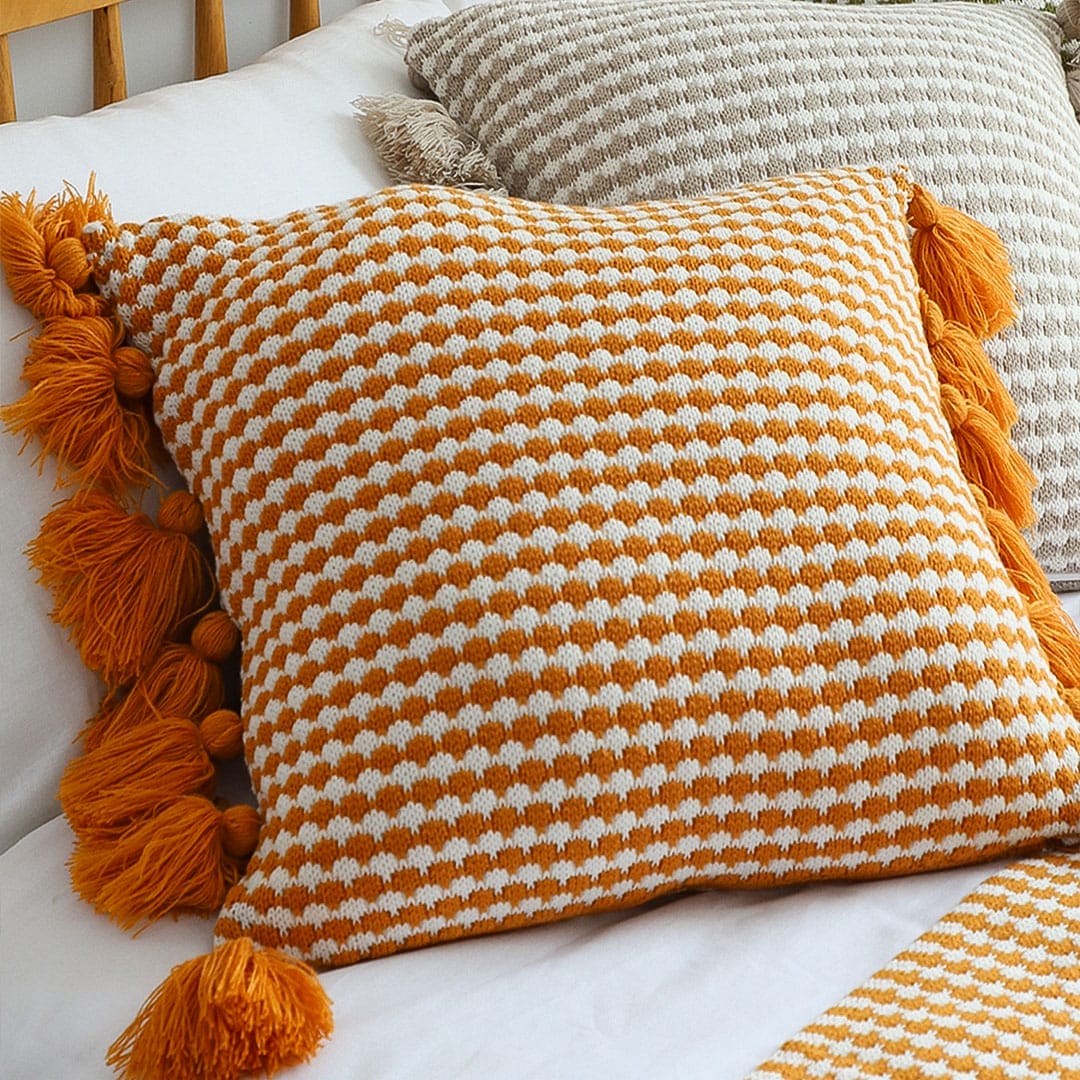 SOGA 2X 45cm Orange Houndstooth Pillow Cover with Tassels - Image 5