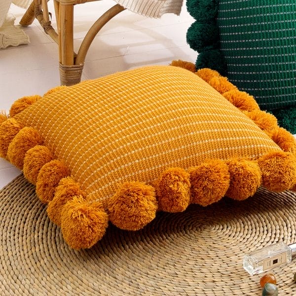 SOGA 2X 45cm Mustard Yellow Ribbed Pillow Cover with Pom Poms - Image 5