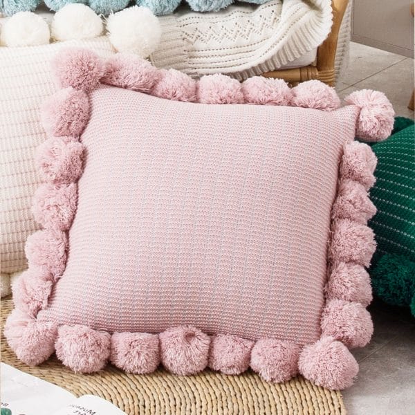SOGA 2X 45cm Blush Pink Ribbed Pillow Cover with Pom Poms - Image 5