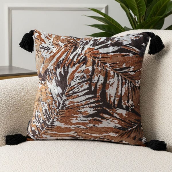 2X Velvet Leaf Print Cushion with Tassels - Image 5