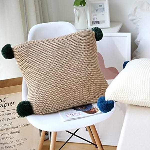 SOGA 2X 45cm Ribbed Knit Pillowcase with Pom-Poms (Warm Beige) - Image 5