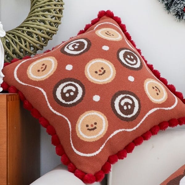 SOGA 2X 45cm Gingerbread Cookie Smiley Face Square Pillowcase with Red Pom-Pom Trim - Image 5