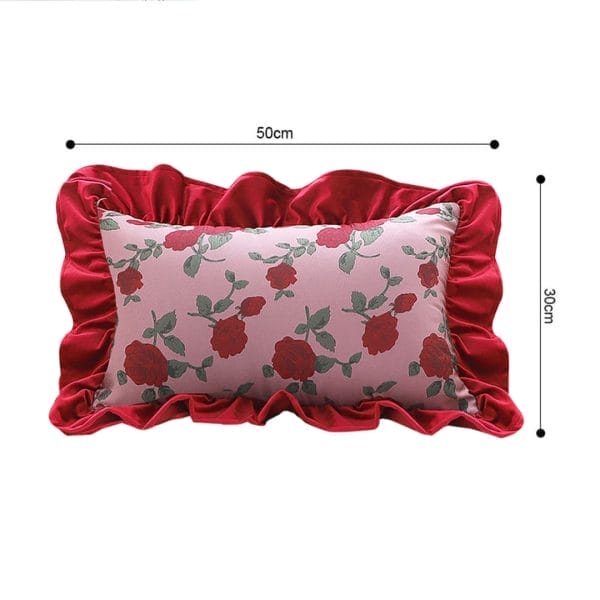 SOGA 2X 30x50cm Rose Print Pillow Cover with Red Ruffle Border - Image 6