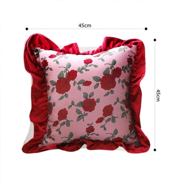 SOGA 2X 45cm Rose Garden Pillow Cover with Burgundy Ruffle - Image 6