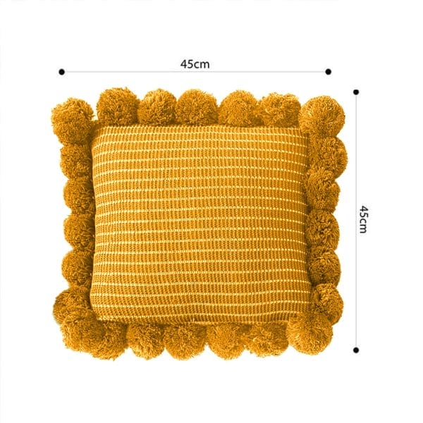 SOGA 2X 45cm Mustard Yellow Ribbed Pillow Cover with Pom Poms - Image 6