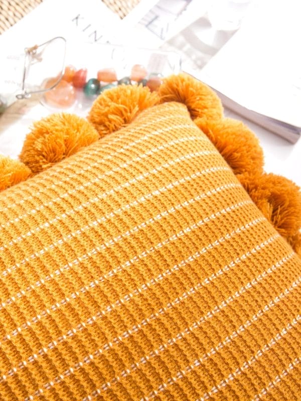 SOGA 2X 45cm Mustard Yellow Ribbed Pillow Cover with Pom Poms - Image 7