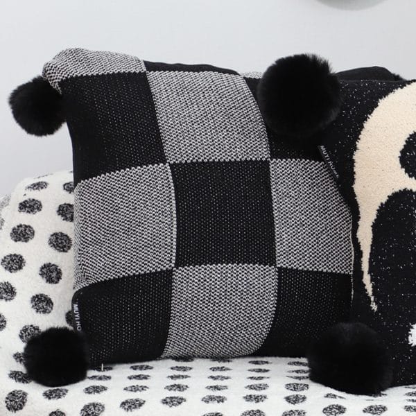 SOGA 2X 45cm Modern Comfort Black & Gray Gingham Pillowcase with Pom Poms - Image 7