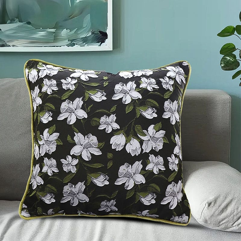 SOGA 2X 45cm Black Floral Pillow Cover with Green Trim