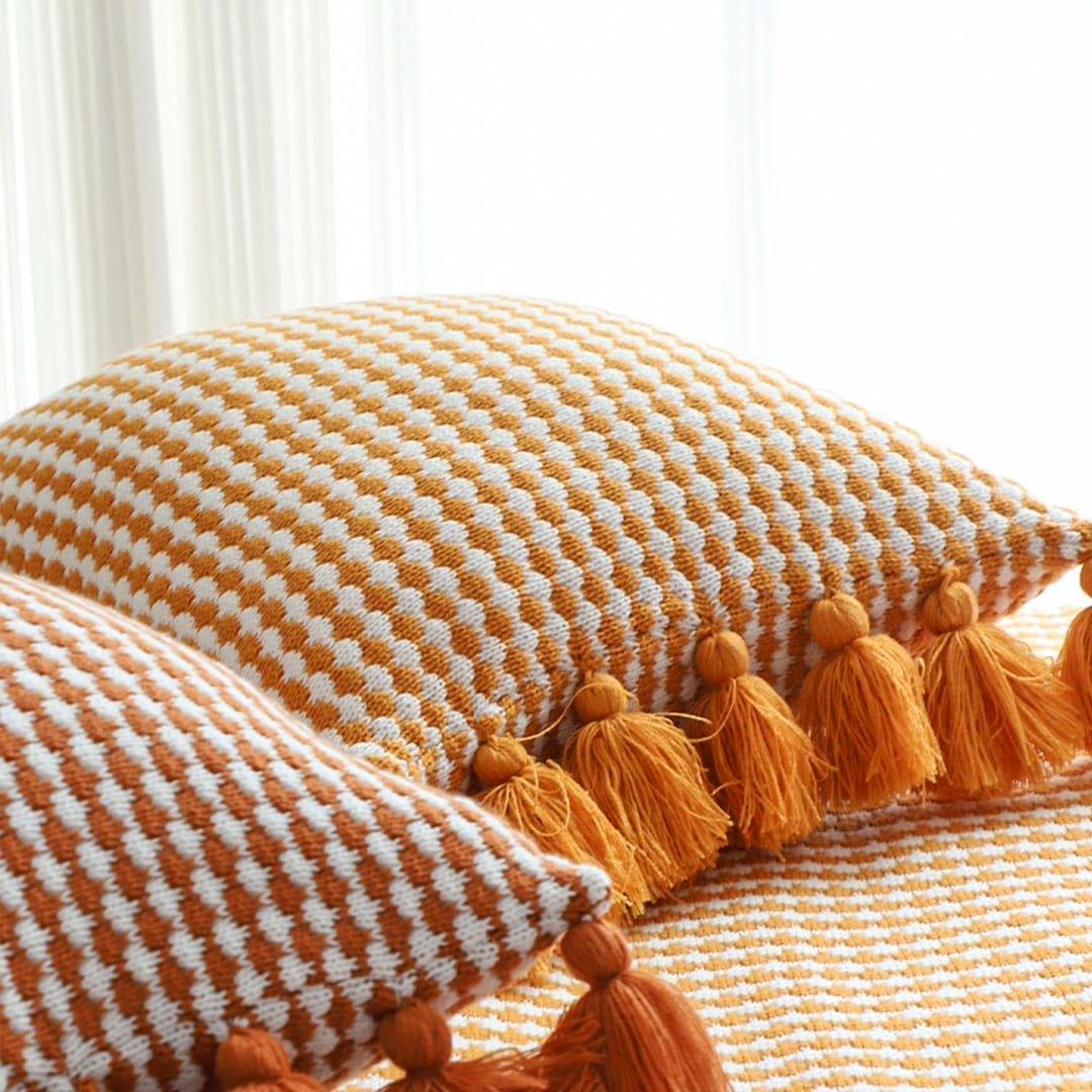 SOGA 2X 45cm Orange Houndstooth Pillow Cover with Tassels - Image 7