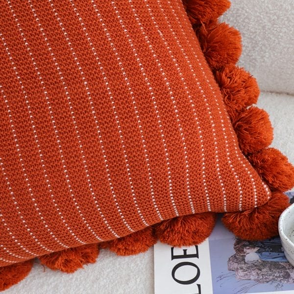 SOGA 2X 45cm Rust Red Ribbed Pillow Cover with Pom Poms - Image 7