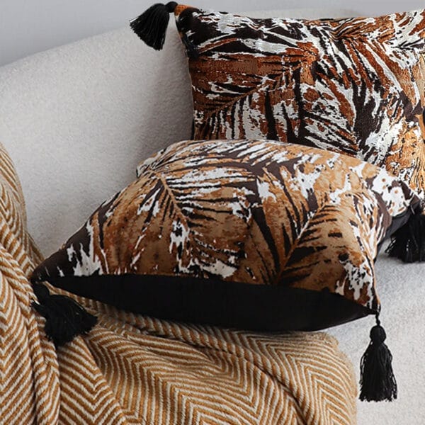 2X Velvet Leaf Print Cushion with Tassels - Image 3