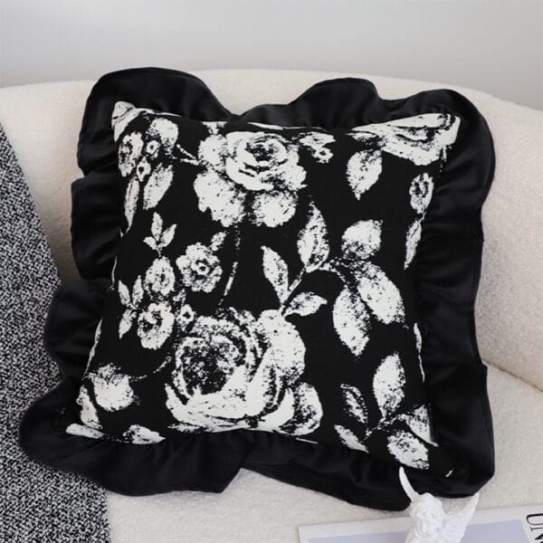 SOGA 2X 30x50 Rectangular Rustic Black Floral Ruffle Pillow Cover - Image 7