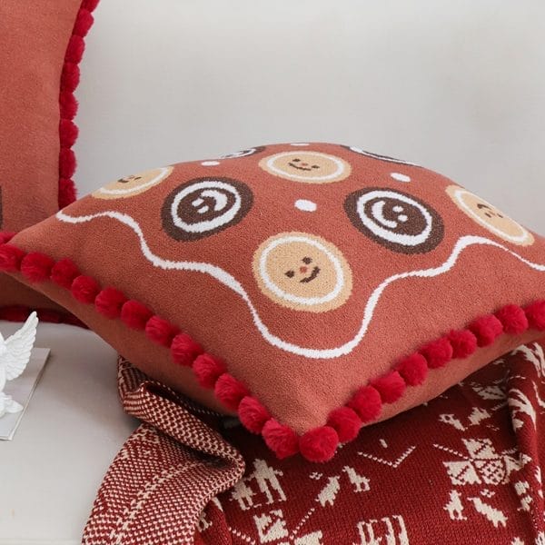 SOGA 2X 45cm Gingerbread Cookie Smiley Face Square Pillowcase with Red Pom-Pom Trim - Image 7