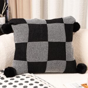 SOGA 2X 45cm Modern Comfort Black & Gray Gingham Pillowcase with Pom Poms