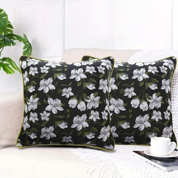 SOGA 2X 45cm Black Floral Pillow Cover with Green Trim - Image 8