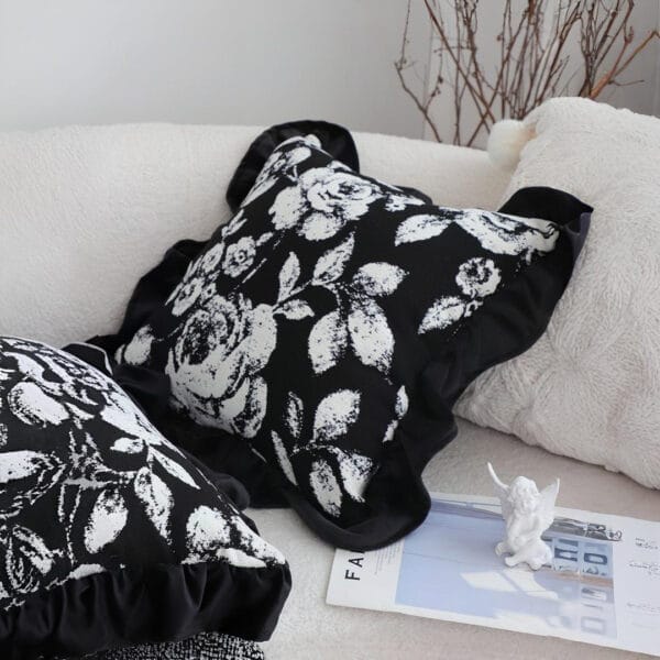 SOGA 2X 30x50 Rectangular Rustic Black Floral Ruffle Pillow Cover - Image 8