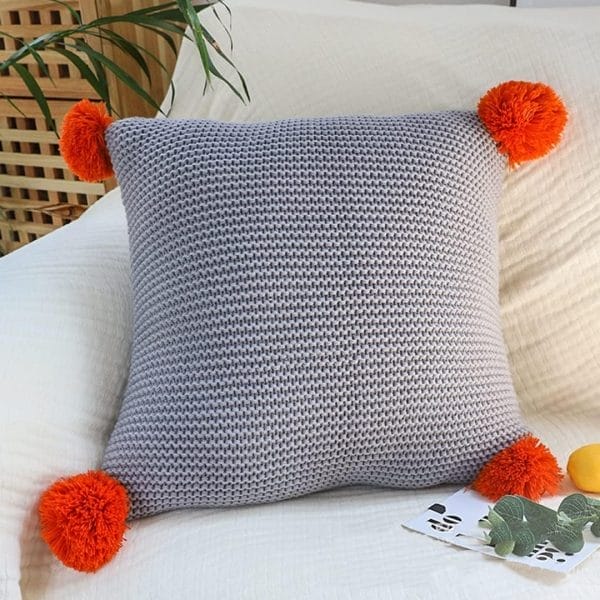 SOGA 2X 45cm Ribbed Knit Pillowcase with Pom-Poms (Light Gray)
