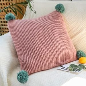 SOGA 2X 45cm Ribbed Knit Pillowcase with Pom-Poms (Dusty Rose)