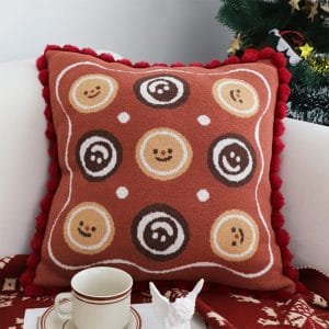 SOGA 2X 45cm Gingerbread Cookie Smiley Face Square Pillowcase with Red Pom-Pom Trim
