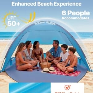 Beach Tent Sun Shelter for 6 Person, UPF 50+ Protection, Portable Sun Shade Canopy with Carrying Bag & Sand Pockets, Lightweight and Easy Setup Beach Umbrella for Camping Fishing Outdoor Picnic