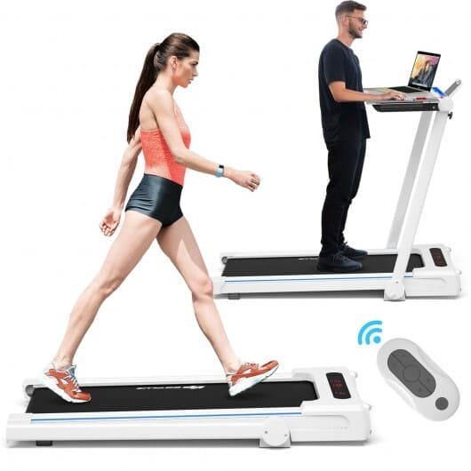3-in-1 Folding Treadmill with Large Desk and LCD Display-White - Color: White