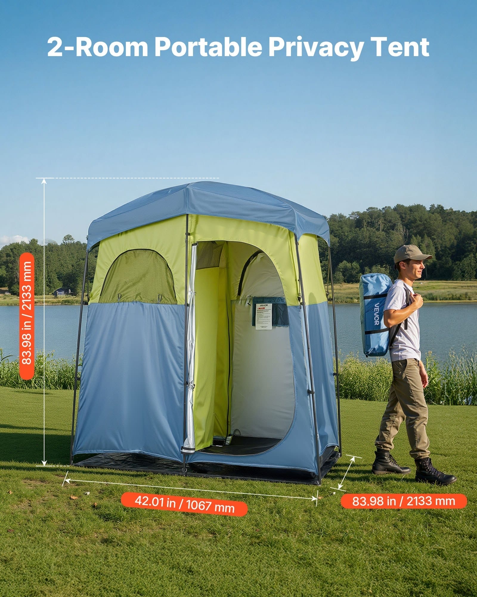 Camping Shower Tent, 2-Room Portable Privacy Tent Changing Room with Shower Bag, Ground Stakes, Ropes, Carry Bag, and Support Poles, 150D Oxford Fabric with Silver Coating, for Camping, Fishing